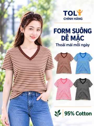 Áo thun nữ sọc ngang cổ V TOLI BSV30 – Cotton mềm, form suông gọn dáng, dễ phối mặc mỗi ngày