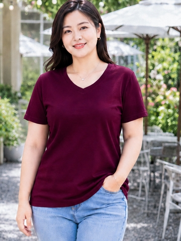 Áo thun nữ BIGSIZE cổ tim TOLI BSA24, Cotton 4 chiều co giãn, Form suông dễ mặc từ 59–85kg