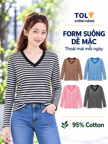Áo thun nữ tay dài cổ V TOLI LHV15 – Form vừa dáng, Sọc ngang, Vải cotton co giãn 4 chiều mềm mịn