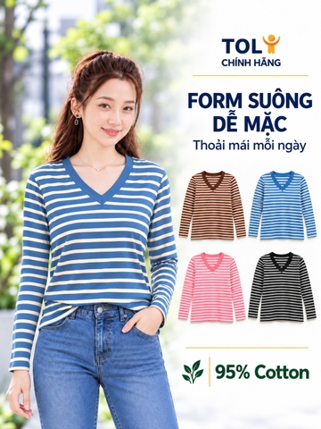 Áo thun nữ tay dài cổ V TOLI LHV32 – Form vừa dáng, Sọc ngang, Vải cotton co giãn 4 chiều mềm mịn