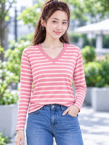 Áo thun nữ tay dài cổ V TOLI LHV33 – Form vừa dáng, Sọc ngang, Vải cotton co giãn 4 chiều mềm mịn