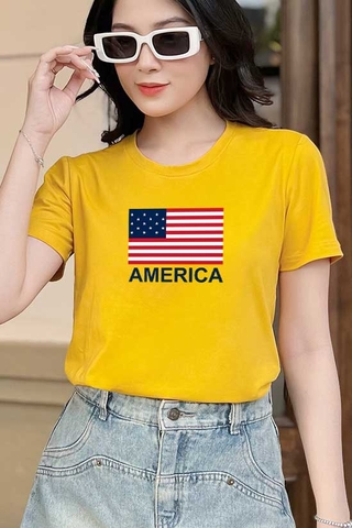 Áo thun nữ tay ngắn-Cổ Tròn-Vàng Nghệ-In America-PSB07-01