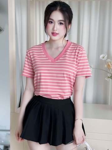 Áo Thun Nữ Cổ V - Sọc Hồng Kem - BSV33