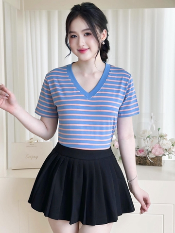 Áo Thun Nữ Cổ V - Sọc Xanh Cam - BSV34
