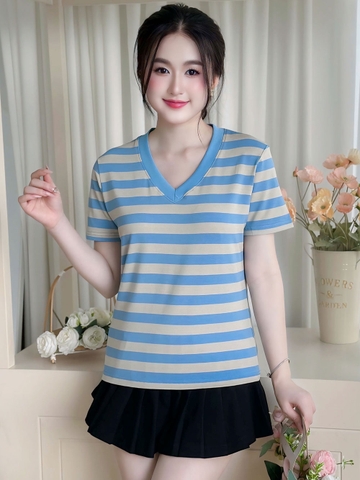 Áo Thun Nữ Cổ V - Sọc Xanh Da - BSV80