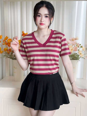 Áo Thun Nữ Cổ V - Sọc Đỏ Kem - BSV81