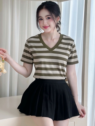 Áo Thun Nữ Cổ V - Sọc Rêu Kem - BSV82