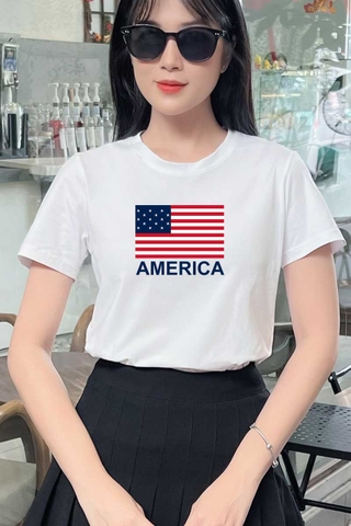 Áo thun nữ tay ngắn-Cổ Tròn-Trắng-In American-PSB10-01