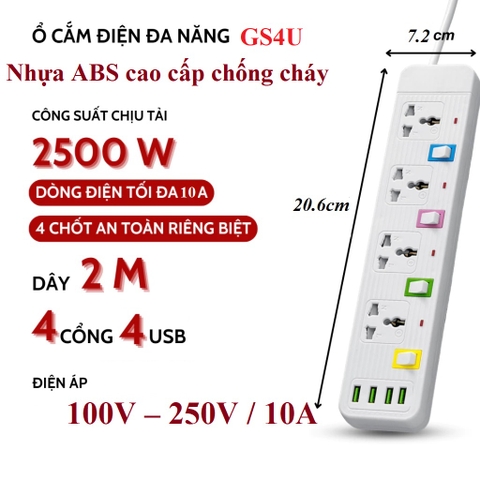 🔌 Ổ CẮM ĐIỆN 4 Ổ CÓ CÔNG TẮC, 4 USB CHỐNG GIẬT DÂY 2M – MÃ GS4U