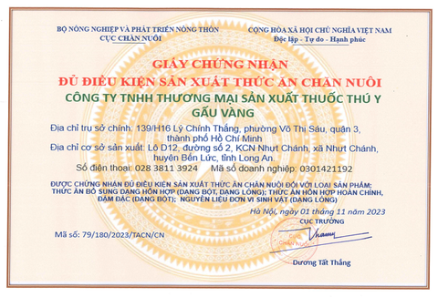 Giấy chứng nhận đủ điều kiện sản xuất thức ăn chăn nuôi