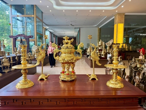 Bộ đỉnh đồng cao 60cm mạ vàng 24k