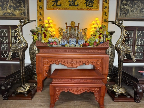 Bàn giao đôi hạc 1m92 đôi lọ 1m72 khảm kỹ + tam sự 60 khảm ngũ sắc