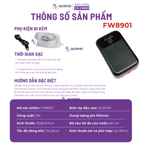 Sủi tích điện Fish Power 8903/8904 , trang bị cảm ứng màn hình thông minh - Sủi thế hệ mới cho bể thủy sinh