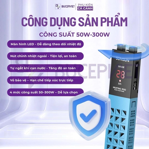 Sưởi bể cá Sunsun ARF 50W-300W - Hiển thị nhiệt độ, chỉnh nhiệt ngoài, tự ngắt khi cạn, vỏ chống bỏng, tiết kiệm điện năng