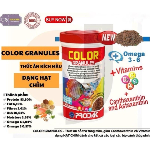 Thức ăn cá cảnh cao cấp PRODAC COLOR GRANULES (Hạt chìm chậm) - Rất giàu dinh dưỡng, độ đạm cao giúp kícḣ màu kícḣ size cá nhanh