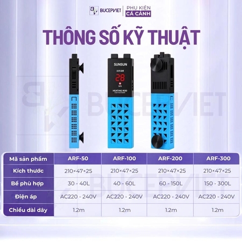 Sưởi bể cá Sunsun ARF 50W-300W - Hiển thị nhiệt độ, chỉnh nhiệt ngoài, tự ngắt khi cạn, vỏ chống bỏng, tiết kiệm điện năng