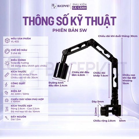 Đèn rọi COCO ZD SERIES 3W/5W - 3 chế độ màu 2800K-6500K, tay đèn xoay linh hoạt, đèn kẹp hồ cá thủy sinh cá cảnh