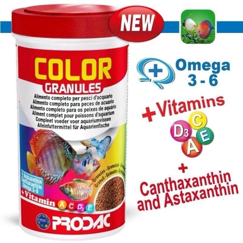 Thức ăn cá cảnh cao cấp PRODAC COLOR GRANULES (Hạt chìm chậm) - Rất giàu dinh dưỡng, độ đạm cao giúp kícḣ màu kícḣ size cá nhanh