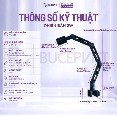 Đèn rọi COCO ZD SERIES 3W/5W - 3 chế độ màu 2800K-6500K, tay đèn xoay linh hoạt, đèn kẹp hồ cá thủy sinh cá cảnh