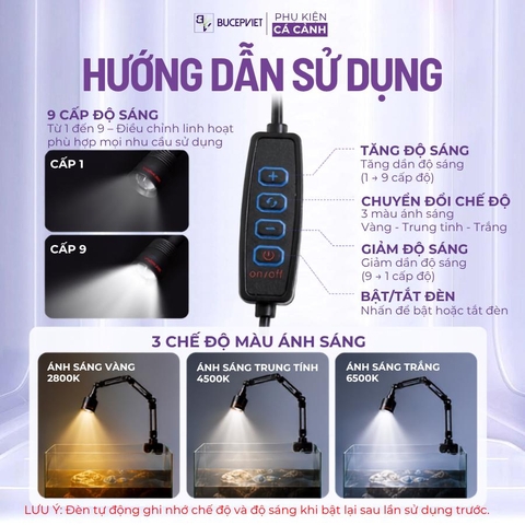 Đèn rọi COCO ZD SERIES 3W/5W - 3 chế độ màu 2800K-6500K, tay đèn xoay linh hoạt, đèn kẹp hồ cá thủy sinh cá cảnh