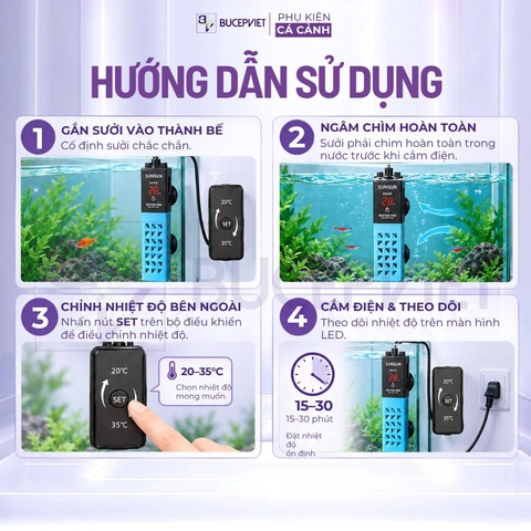 Sưởi bể cá Sunsun ARF 50W-300W - Hiển thị nhiệt độ, chỉnh nhiệt ngoài, tự ngắt khi cạn, vỏ chống bỏng, tiết kiệm điện năng