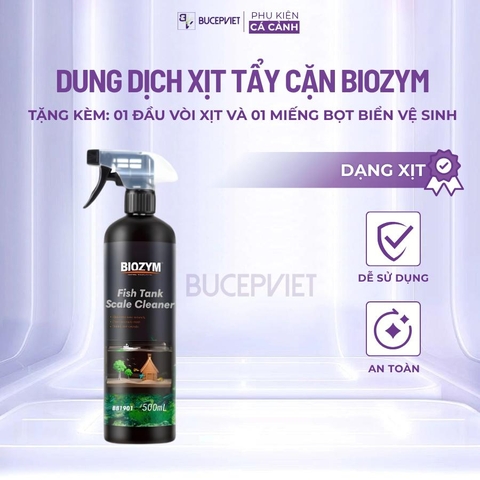 Dung dịch xịt tẩy cặn bể cá BiozymFish Tank Scale Cleaner 500ml - Làm sạch cặn canxi, vệ sinh kính hồ thủy sinh, dễ sử dụng