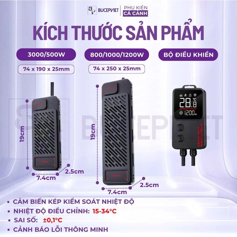 Sưởi bể cá Hurricane 300W-1200W thế hệ 2 - Bản nâng cấp mới, biến tần tiết kiệm điện, cảm biến kép, tự ngắt khi cạn nước