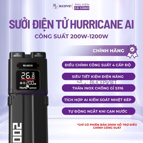 Sưởi bể cá điện tử HURRICANE AI KK-668- Tích hợp hệ thống AI kiểm soát nhiệt độ tự ngắt khi cạn nước