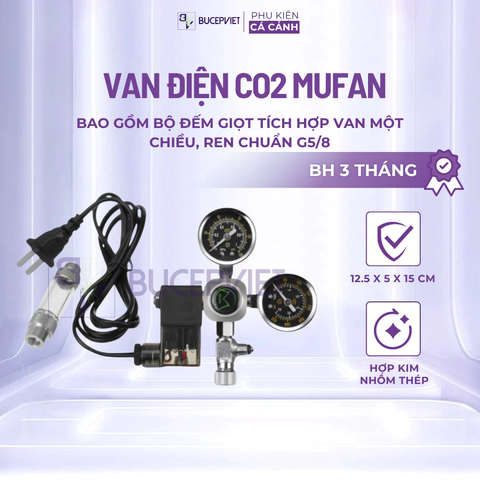 Van điện CO2 Mufan ren chuẩn G5/8 - Tắt mở CO2 theo hẹn giờ, tích hợp van tinh chỉnh và đếm giọt phù hợp cho bể cá cảnh và hồ thủy sinh