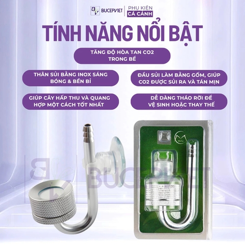 Đầu sủi CO2 Mufan inox - Sủi siêu mịn, tăng hòa tan CO2, gốm sủi thay thế cho hồ thủy sinh