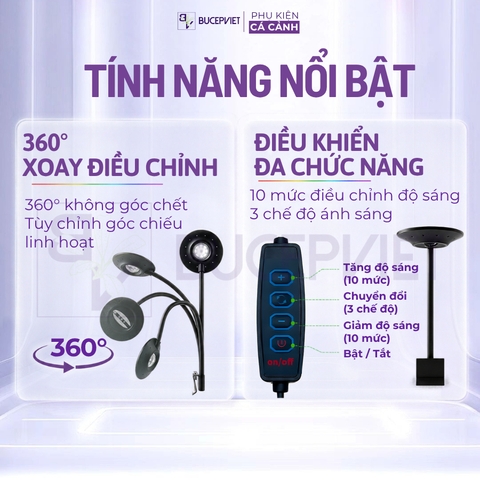 Đèn rọi kẹp UFO Mini hồ cá 5W USB - Điều chỉnh độ sáng, xoay 360 độ, chiếu sáng hồ cá mini cá cảnh