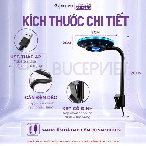 Đèn rọi kẹp UFO Mini hồ cá 5W USB - Điều chỉnh độ sáng, xoay 360 độ, chiếu sáng hồ cá mini cá cảnh