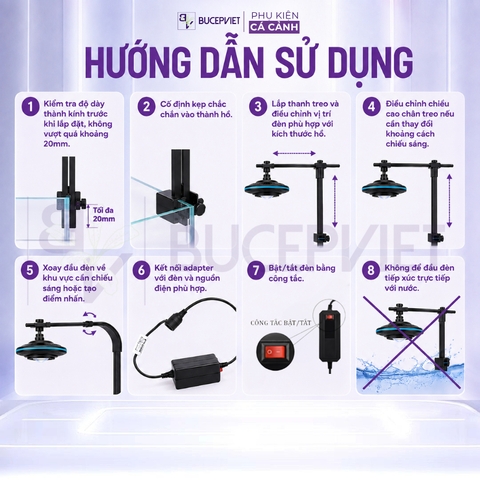 Đèn rọi UFO Mini Baoyu - Led WRGB đỏ cá không đỏ nước cho hồ dưới 60cm, kèm chân kẹp giá treo