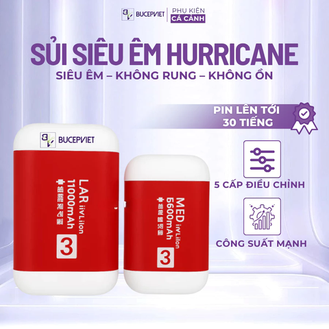 Máy sủi oxy HURRICANE 2.5W-10W Pin 5200–11600mAh 8–18L/M – Siêu êm không rung, tích điện tự chạy khi mất điện, cho hồ cá cảnh thủy sinh