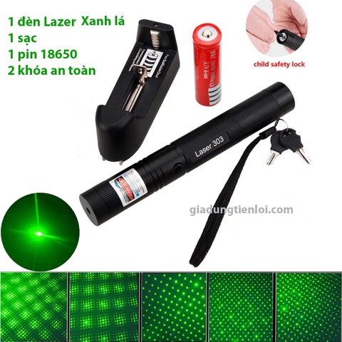 Combo đèn chiếu tia laser 303 (đèn + sạc + pin 4800mAh) - bút lazer tia sáng xanh-đỏ-tím