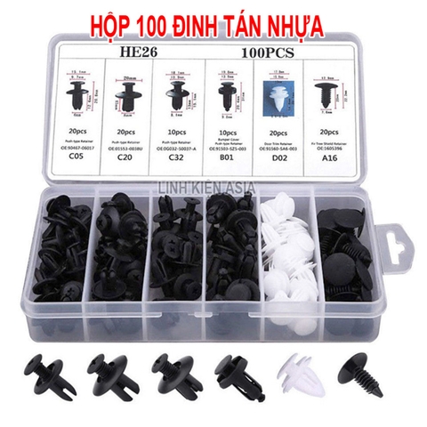 Hộp 100 ĐINH TÁN Chốt Vít Nở Bằng Nhựa (6 kích cỡ) cố định thân vỏ ô tô (tùy chọn dụng cụ tháo lắp)