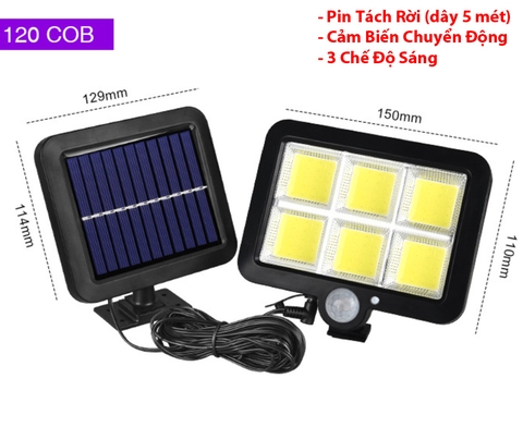 Đèn Led Năng Lượng Mặt Trời 120COB - Pin Tách Rời - dây 5m - Cảm Biến Chuyển Động - 3 chế độ sáng