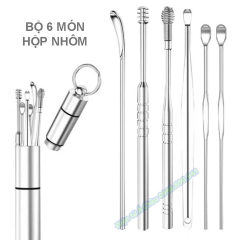Bộ 6 dụng cụ vệ sinh tai ngoáy tai (hộp nhựa, nhôm) đồ lấy ráy tai Cao Cấp bằng thép không gỉ