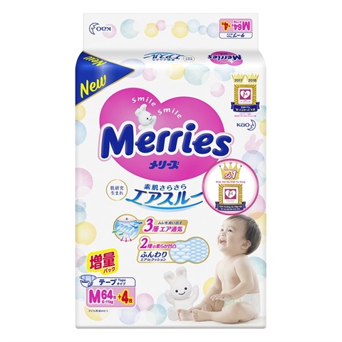 MERRIES- Bỉm dán M 64+4 miếng