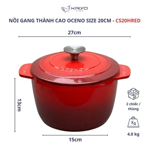 Nồi gang thành cao Oceno 20cm màu đỏ