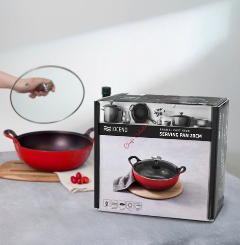Chảo gang Oceno sâu lòng có vung kính màu đỏ 20cm