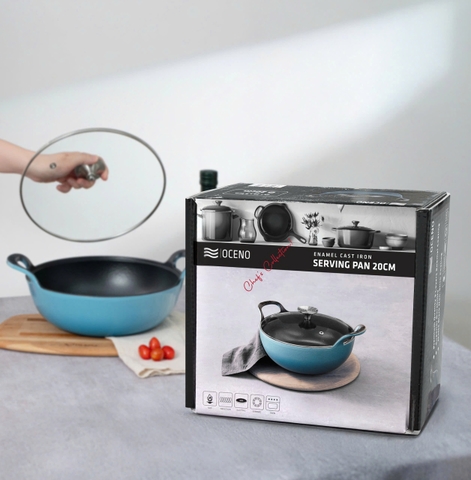 Chảo gang Oceno sâu lòng có vung kính màu xanh 20cm