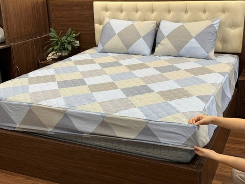 Bộ ga chần cotton 100% kèm 2 vỏ gối Kawa - size 1.8x2m, mẫu kẻ xanh