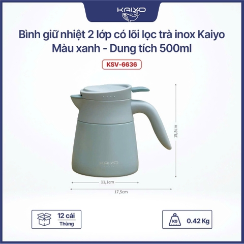 Bình giữ nhiệt 2 lớp có lõi lọc trà inox Kaiyo màu xanh, dung tích 500ml