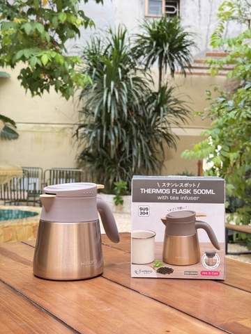 Bình giữ nhiệt 2 lớp có lõi lọc trà inox Kaiyo màu vàng, dung tích 500ml