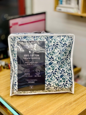 Bộ ga cottton trần bông kèm 2 vỏ gối Kawa size 1,8-2m - mẫu lá xanh