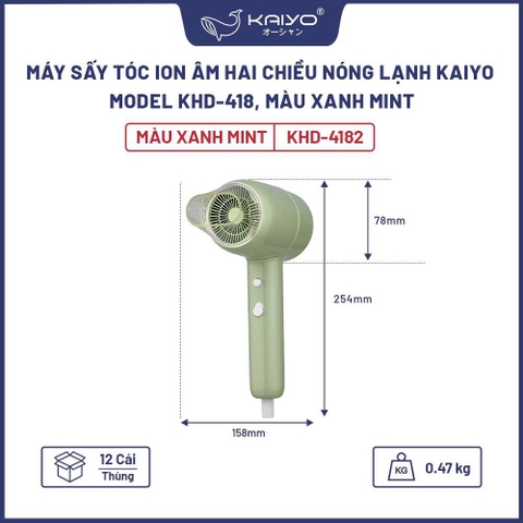 Máy sấy tóc ion âm hai chiều nóng lạnh Kaiyo, model KHD-418, màu xanh mint