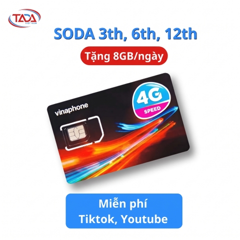 Sim & eSIM 4G Vinaphone Soda– 8GB/Ngày, Miễn Phí MXH – 12 Tháng