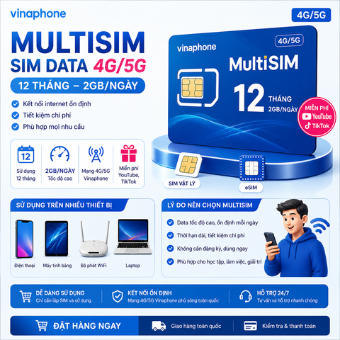 SIM Data VinaPhone MultiSIM 12 Tháng 2GB/Ngày – SIM & eSIM 4G/5G Chính Hãng