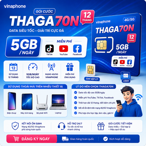 SIM Data VinaPhone THAGA70 12 Tháng – 5GB Data/Ngày, Miễn Phí YouTube, TikTok & FacebookSIM Data VinaPhone THAGA70 12 Tháng – 5GB Data/Ngày, Miễn Phí YouTube, TikTok & Facebook